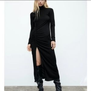 Zara mock neck ruched Midi Black Dress with slit Mob Wife Office Siren